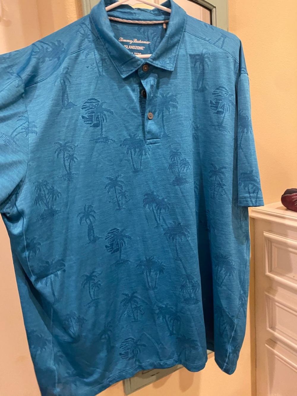 Tommy Bahama Teal Blue Palm-Print Button Down Polo